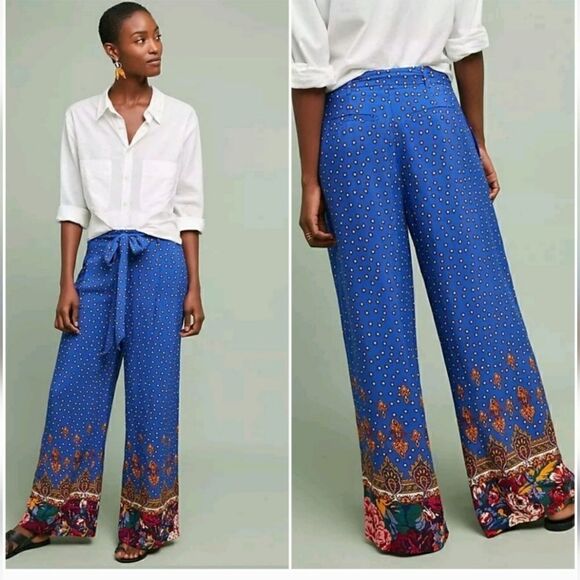 Anthropologie Wide Leg Palazzo Pants Size 6 Blue Print Resort Vaca - Picture 1 of 8